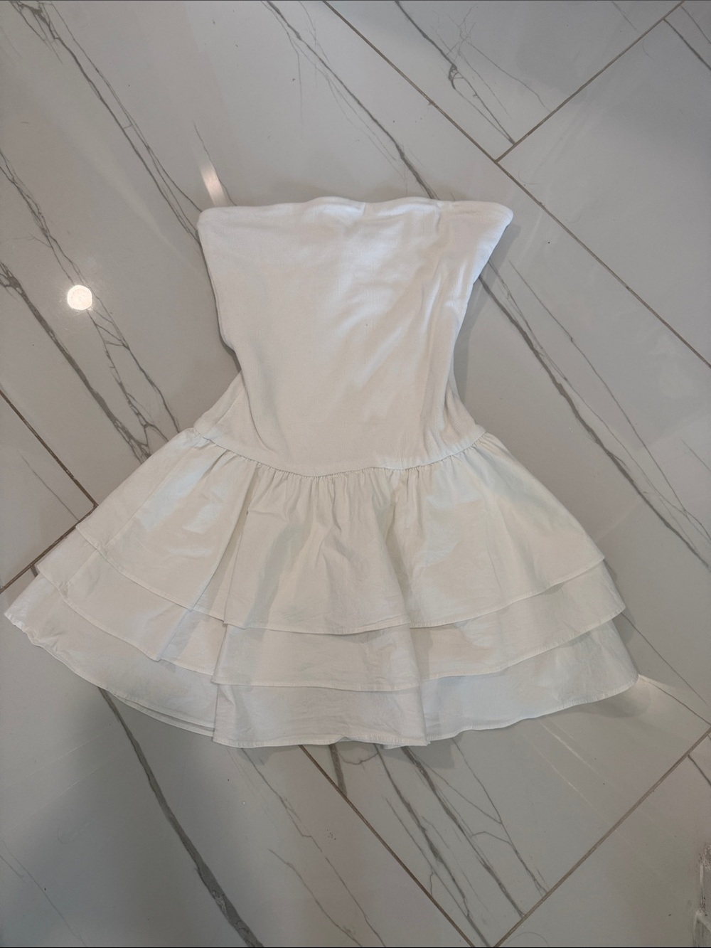 Peppermayo White Strapless Tiered Ruffle Mini Dress